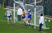 25 February 2024; Shane Cunnane of Roscommon scores his side's first goal out of the hands of Darren McDonnell of Monaghan during the Allianz Football League Division 1 match between Roscommon and Monaghan at Dr Hyde Park in Roscommon. Photo by Daire Brennan/Sportsfile