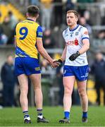25 February 2024; Shane Cunnane of Roscommon and Kieran Duffy of Monaghan shake hands after the Allianz Football League Division 1 match between Roscommon and Monaghan at Dr Hyde Park in Roscommon. Photo by Daire Brennan/Sportsfile