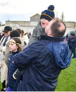25 February 2024; Roscommon manager Davy Burke with his son Shay, aged 3, after the Allianz Football League Division 1 match between Roscommon and Monaghan at Dr Hyde Park in Roscommon. Photo by Daire Brennan/Sportsfile