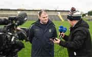 25 February 2024; Roscommon manager Davy Burke is interviewed by Adrian Eames of RTÉ after the Allianz Football League Division 1 match between Roscommon and Monaghan at Dr Hyde Park in Roscommon. Photo by Daire Brennan/Sportsfile