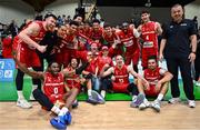 25 February 2024; Switzerland players celebrate after the FIBA Basketball World Cup 2027 European Pre-Qualifiers first round match between Ireland and Switzerland at the National Basketball Arena in Tallaght, Dublin. Photo by David Fitzgerald/Sportsfile