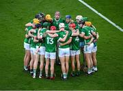 24 February 2024; The Limerick players gather in a huddle before the Allianz Hurling League Division 1 Group B match between Dublin and Limerick at Croke Park in Dublin. Photo by Ray McManus/Sportsfile