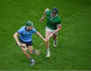 24 February 2024; James Madden of Dublin is tackled by Conor Boylan of Limerick during the Allianz Hurling League Division 1 Group B match between Dublin and Limerick at Croke Park in Dublin. Photo by Ray McManus/Sportsfile
