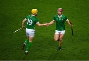 24 February 2024; Seamus Flanagan, left, replaces is Shane O'Brien of Limerick during the Allianz Hurling League Division 1 Group B match between Dublin and Limerick at Croke Park in Dublin. Photo by Ray McManus/Sportsfile