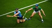 24 February 2024; Sean Currie of Dublin is tackled by Mike Casey of Limerick during the Allianz Hurling League Division 1 Group B match between Dublin and Limerick at Croke Park in Dublin. Photo by Ray McManus/Sportsfile