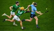 24 February 2024; Ronan Hayes of Dublin is tackled by Tom Morrissey, 23, and Conor Boylan of Limerick during the Allianz Hurling League Division 1 Group B match between Dublin and Limerick at Croke Park in Dublin. Photo by Ray McManus/Sportsfile