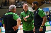 25 February 2024; Ireland assistant coach Adrian Fulton, centre, with head coach Mark Keenan, left, and assistant coach Lawrence Summers during the FIBA Basketball World Cup 2027 European Pre-Qualifiers first round match between Ireland and Switzerland at the National Basketball Arena in Tallaght, Dublin. Photo by David Fitzgerald/Sportsfile