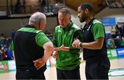 25 February 2024; Ireland assistant coach Adrian Fulton, centre, with head coach Mark Keenan, left, and assistant coach Lawrence Summers during the FIBA Basketball World Cup 2027 European Pre-Qualifiers first round match between Ireland and Switzerland at the National Basketball Arena in Tallaght, Dublin. Photo by David Fitzgerald/Sportsfile