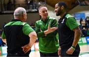 25 February 2024; Ireland assistant coach Adrian Fulton, centre, with head coach Mark Keenan, left, and assistant coach Lawrence Summers during the FIBA Basketball World Cup 2027 European Pre-Qualifiers first round match between Ireland and Switzerland at the National Basketball Arena in Tallaght, Dublin. Photo by David Fitzgerald/Sportsfile