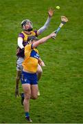 25 February 2024; Eoin Ryan of Wexford in action against Ian Galvin of Clare during the Allianz Hurling League Division 1 Group A match between Wexford and Clare at Chadwicks Wexford Park in Wexford. Photo by Seb Daly/Sportsfile