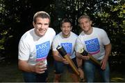 10 September 2013; Pictured at the launch of the second annual ARC Cancer Support Torch of Hope Relay are Leinster rugby players, from left, Shane Jennings, Kevin McLaughlin, and Luke Fitzgerald. The Relay takes place around Dublin Bay on Sunday October 13, in which families, friends and communities who have been affected by cancer unite and honour lost loved ones. The relay, in which people can walk or run, starts on both the Northside and the Southside, ultimately converging on the Samuel Beckett Bridge. For more information and to register for the event, visit www.arccancersupport.ie. ARC Cancer Support Centre is Leinster Rugby’s Charity of the Year. Leinster Rugby, UCD, Belfield, Dublin. Picture credit: Brian Lawless / SPORTSFILE