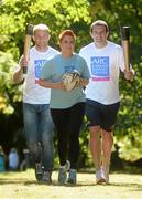 10 September 2013; Pictured at the launch of the second annual ARC Cancer Support Torch of Hope Relay is Leinster rugby players Luke Fitzgerald, left, and Shane Jennings with participant in the Torch of Hope Relay Gemma Dowling, age 27, from Skerries, who has Hodgkins Lymphoma and is attending ARC Cancer Support. The Relay takes place around Dublin Bay on Sunday October 13, in which families, friends and communities who have been affected by cancer unite and honour lost loved ones. The relay, in which people can walk or run, starts on both the Northside and the Southside, ultimately converging on the Samuel Beckett Bridge. For more information and to register for the event, visit www.arccancersupport.ie. ARC Cancer Support Centre is Leinster Rugby’s Charity of the Year. Leinster Rugby, UCD, Belfield, Dublin. Picture credit: Brian Lawless / SPORTSFILE