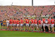 8 September 2013; The teams and match officials shake hands, as part of the GAA Respect initiative, before the game. GAA Hurling All-Ireland Senior Championship Final, Cork v Clare, Croke Park, Dublin. Picture credit: Brendan Moran / SPORTSFILE
