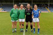 7 September 2013; Fermanagh captains Marcella Connolly, left, and Tara Little, with Tipperary captain Anne O'Dwyer and referee MJ O'Keeffe. TG4 All-Ireland Ladies Football Intermediate Championship, Semi-Final, Fermanagh v Tipperary, Semple Stadium, Thurles, Co. Tipperary. Picture credit: Brendan Moran / SPORTSFILE