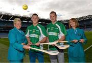 10 September 2013; The GAA and GPA, with the support of Aer Lingus, are staging the Super Hurling 11s – ‘The Celtic Champions Classic’ at Notre Dame University on Saturday October 19 to coincide with the biggest College Football showdown of the season when Notre Dame take on arch rivals USC. The unique short-form of hurling has been devised and trialled over the past six months with a view to having a version of the game suitable to play at established sporting venues. At the launch are Aer Lingus cabin crew Sarah Nolan, left, and Leanne Donnelly, with Inter-county hurlers Lee Chin, Wexford, second from left, and Jackie Tyrrell, Kilkenny. Croke Park, Dublin. Picture credit: Brian Lawless / SPORTSFILE