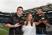 11 September 2013; The GAA/GPA All-Stars sponsored by Opel are delighted to announce Aidan O'Shea, Mayo, and Tony Kelly, Clare, as the Players of the Month for August in football and hurling respectively. Tony, left, and Aidan are presented with their GAA / GPA Player of the Month Award for August, sponsored by Opel - by Emma O'Carroll, Marketing Executive Opel Ireland. Croke Park, Dublin. Picture credit: Brian Lawless / SPORTSFILE