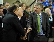 14 November 2012; FAI Chief Executive John Delaney, right, greets Republic of Ireland manager Giovanni Trapattoni, centre, and assistant manager Marco Tardelli before the game. Friendly International, Republic of Ireland v Greece, Aviva Stadium, Lansdowne Road, Dublin. Picture credit: David Maher / SPORTSFILE