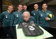 17 March 2013; It was an extra special St.Patrick's day for Ireland manager Giovanni Trapattoni as he was presented with a giant birthday cake from sponsors Three. The manager, whose birthday falls on the same day as the patron saint, celebrated with the Irish squad, who are currently in training at Portmarnock ahead of their crucial 2014 FIFA World Cup, Group C, qualifying game against Sweden on 22nd March. Pictured with manager Giovanni Trapattoni are players, from left, Paul Green, Simon Cox, Jeff Hendrick, Conor Sammon and Sean St.Ledger. Portmarnock Hotel & Golf Links, Portmarnock, Co. Dublin. Picture credit: David Maher / SPORTSFILE