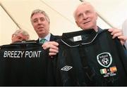 9 June 2013; Republic of Ireland manager Goivanni Trapattoni, right, and Chief Executive John Delaney hold matchday jerseys during a visit to Breezy Point's Irish Community. Breezy Point, Queens, New York, NY, United States. Picture credit: David Maher / SPORTSFILE