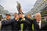 29 May 2011; Fausto Rossi, left, fitness coach, Alan Kelly, goalkeeping coach, Marco Tardelli, assistant manager, and Giovanni Trapattoni, right, manager, celebrate with the Carling Four Nations trophy after the game. Carling Four Nations Tournament, Republic of Ireland v Scotland, Aviva Stadium, Lansdowne Road, Dublin. Picture credit: David Maher / SPORTSFILE