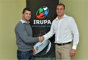 11 September 2013; IRUPA, the Irish Rugby Union Players’ Association, has appointed Rob Kearney as the Chairman of the professional rugby players’ association. Kearney takes over the role from former Leinster team-mate Jonathon Sexton in a move that will see him build on his already significant influence in the association and amongst his playing peers. The announcement comes as IRUPA members embark on a new season facing challenges both on and off the field of play. He is pictured here with Omar Hassanein, CEO of IRUPA. IRUPA Headquarters, Clonskeagh, Dublin. Picture credit: Brendan Moran / SPORTSFILE