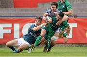 11 September 2013; Frank Murphy, Connacht Eagles, is tackled by Darren Sweetnam, left, and Billy Holland, Munster A. 'A' Interprovincial, Munster A v Connacht Eagles, Musgrave Park, Cork. Picture credit: Diarmuid Greene / SPORTSFILE