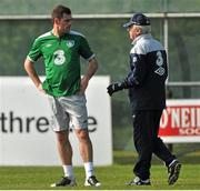 23 March 2011; Republic of Ireland manager Giovanni Trapattoni in conversation with Darron Gibson during squad training ahead of their EURO2012 Championship Qualifier match against Macedonia on Saturday. Republic of Ireland Squad Training, Gannon Park, Malahide, Co. Dublin. Picture credit: David Maher / SPORTSFILE