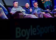 28 February 2024; From left, Johnny Dineen of Upping The Ante, David Casey, Assistant Trainer to Willie Mullins, trainer Gavin Cromwell, in discussion with the rest of the panel during the BoyleSports Cheltenham Preview Night in aid of SVP at the Bardic Theatre in Donaghmore, Tyrone. Photo by Ramsey Cardy/Sportsfile