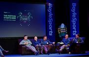 28 February 2024; On-stage, from left, Johnny Dineen of Upping The Ante, David Casey, Assistant Trainer to Willie Mullins, trainer Gavin Cromwell, Robbie Power, Ex Jockey & BoyleSports Ambassador, and Tony Keenan, At The Races during the BoyleSports Cheltenham Preview Night in aid of SVP at the Bardic Theatre in Donaghmore, Tyrone. Photo by Ramsey Cardy/Sportsfile