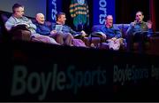 28 February 2024; On-stage, from left, Johnny Dineen of Upping The Ante, David Casey, Assistant Trainer to Willie Mullins, trainer Gavin Cromwell, Robbie Power, Ex Jockey & BoyleSports Ambassador, and Tony Keenan, At The Races during the BoyleSports Cheltenham Preview Night in aid of SVP at the Bardic Theatre in Donaghmore, Tyrone. Photo by Ramsey Cardy/Sportsfile