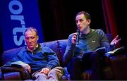28 February 2024; Tony Keenan, At The Races, right, and Robbie Power, Ex Jockey & BoyleSports Ambassador, in discussion with the rest of the panel during the BoyleSports Cheltenham Preview Night in aid of SVP at the Bardic Theatre in Donaghmore, Tyrone. Photo by Ramsey Cardy/Sportsfile
