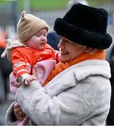 25 February 2024; Suzanne Burns with her grandaughter Blaithín before the Allianz Football League Division 2 match between Armagh and Donegal at BOX-IT Athletic Grounds in Armagh. Photo by Brendan Moran/Sportsfile