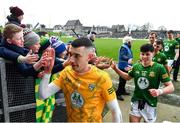 25 February 2024; Meath goalkeeper Sean Brennan is congratulated by supporters after his side's victory in the Allianz Football League Division 2 match between Meath and Kildare at Páirc Tailteann in Navan, Meath. Photo by Sam Barnes/Sportsfile