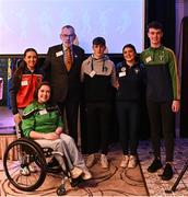 24 February 2024; Uachtarán Chumann Lúthchleas Gael Larry McCarthy with Youth Representatives, from left, Ellie Sheehy, front, Tierna McManus, Lorcan McNeil, Mary Hanrahan and Eoin Moylan during the GAA Congress at Canal Court Hotel in Newry, Down. Photo by Piaras Ó Mídheach/Sportsfile