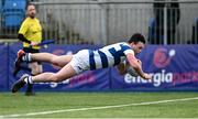 27 February 2024; Lucas Hill of Blackrock College scores his side's third try during the Bank of Ireland Leinster Schools Junior Cup quarter-final match between Gonzaga College and Blackrock College at Energia Park in Dublin. Photo by Piaras Ó Mídheach/Sportsfile