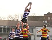 27 February 2024; Oisin J McEntee of Terenure College wins possession in the lineout during the Bank of Ireland Leinster Schools Junior Cup quarter-final match between Terenure College and Temple Carrig School at Energia Park in Dublin. Photo by Piaras Ó Mídheach/Sportsfile