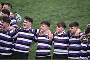 27 February 2024; Terenure College players celebrate after victory in the Bank of Ireland Leinster Schools Junior Cup quarter-final match between Terenure College and Temple Carrig School at Energia Park in Dublin. Photo by Piaras Ó Mídheach/Sportsfile