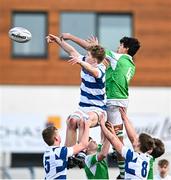27 February 2024; Daniel English of Blackrock College and Anson Ryan of Gonzaga College contest possession in the lineout during the Bank of Ireland Leinster Schools Junior Cup quarter-final match between Gonzaga College and Blackrock College at Energia Park in Dublin. Photo by Piaras Ó Mídheach/Sportsfile