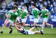 27 February 2024; Borja Salto - Galdon of Gonzaga College is tackled by George Eggers of Blackrock College during the Bank of Ireland Leinster Schools Junior Cup quarter-final match between Gonzaga College and Blackrock College at Energia Park in Dublin. Photo by Piaras Ó Mídheach/Sportsfile