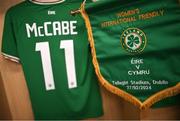 27 February 2024; A general view of the match pennant and jersey of Katie McCabe before the international women's friendly match between Republic of Ireland and Wales at Tallaght Stadium in Dublin. Photo by David Fitzgerald/Sportsfile