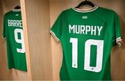 27 February 2024; A general view of the jersey of Emily Murphy before the international women's friendly match between Republic of Ireland and Wales at Tallaght Stadium in Dublin. Photo by David Fitzgerald/Sportsfile