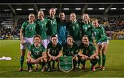 27 February 2024; Republic of Ireland team, back row, from left, Katie McCabe, Diane Caldwell, Caitlin Hayes, Courtney Brosnan, Megan Connolly, Amber Barrett and Ruesha Littlejohn, with, front, from left, Leanne Kiernan, Jessica Ziu, Heather Payne and Jessie Stapleton pose for a team photo before the international women's friendly match between Republic of Ireland and Wales at Tallaght Stadium in Dublin. Photo by David Fitzgerald/Sportsfile