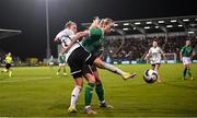 27 February 2024; Megan Connolly of Republic of Ireland is tackled by Jess Fishlock of Wales during the international women's friendly match between Republic of Ireland and Wales at Tallaght Stadium in Dublin. Photo by David Fitzgerald/Sportsfile