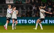 27 February 2024; Lily Woodham of Wales, centre, celebrates with teammates Sophie Ingle and Gemma Evans after scoring their side's second goal during the international women's friendly match between Republic of Ireland and Wales at Tallaght Stadium in Dublin. Photo by Tyler Miller/Sportsfile