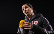 27 February 2024; New Wales manager Rhian Wilkinson is interviewed at half-time during the international women's friendly match between Republic of Ireland and Wales at Tallaght Stadium in Dublin. Photo by David Fitzgerald/Sportsfile