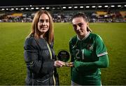27 February 2024; Sky director of brand and marketing Caroline Donnellan presents the player of the match award to Jessica Ziu of Republic of Ireland after the international women's friendly match between Republic of Ireland and Wales at Tallaght Stadium in Dublin. Photo by David Fitzgerald/Sportsfile