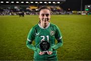 27 February 2024; Jessica Ziu of Republic of Ireland with her player of the match award after the international women's friendly match between Republic of Ireland and Wales at Tallaght Stadium in Dublin. Photo by David Fitzgerald/Sportsfile