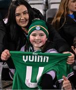 27 February 2024; Republic of Ireland supporter Caoimhe O'Gorman with the jersey of Louise Quinn of Republic of Ireland after the international women's friendly match between Republic of Ireland and Wales at Tallaght Stadium in Dublin. Photo by David Fitzgerald/Sportsfile