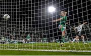 27 February 2024; Diane Caldwell of Republic of Ireland reacts after her side concede their second goal scored by Lily Woodham of Wales, not pictured, during the international women's friendly match between Republic of Ireland and Wales at Tallaght Stadium in Dublin. Photo by Tyler Miller/Sportsfile