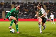 27 February 2024; Heather Payne of Republic of Ireland in action against Lily Woodham of Wales during the international women's friendly match between Republic of Ireland and Wales at Tallaght Stadium in Dublin. Photo by Tyler Miller/Sportsfile